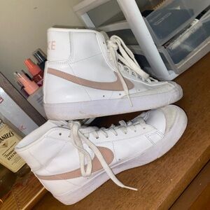 Nike White and Pink High-Top Sneakers with Leather Upper